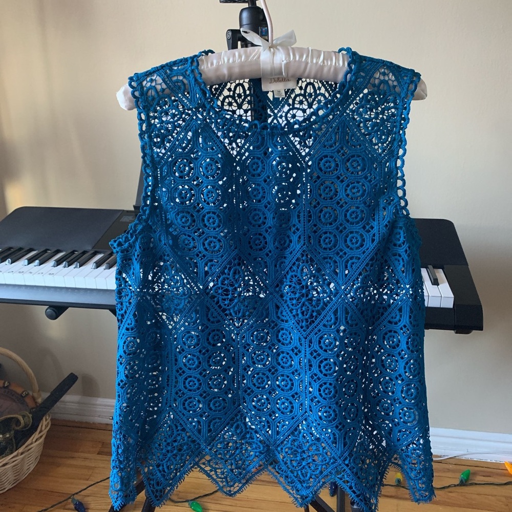 Anthropologie Deletta Blue Crotchet Lace Tank Top